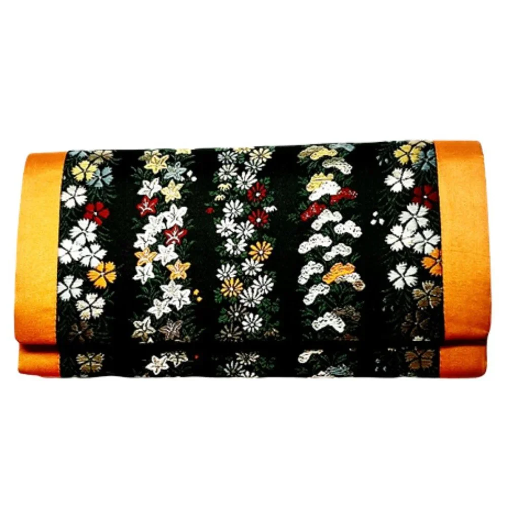1960s Vintage Orange And Black Fabric Clutch Bag With Oriental Look Designs